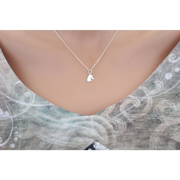 Sterling Silver Unicorn Charm - Flat Unicorn Head Necklace - Picture 3 of 3